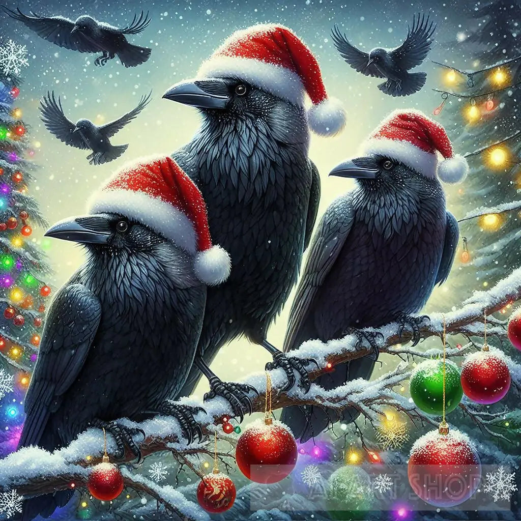 Snowy Crows Wearing Santa Hats at Christmas