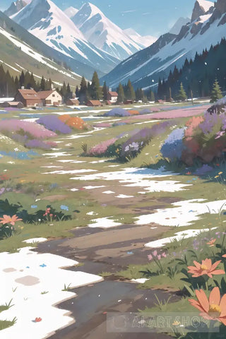 Snowy Mountain With Little Houses Landscape Ai Art