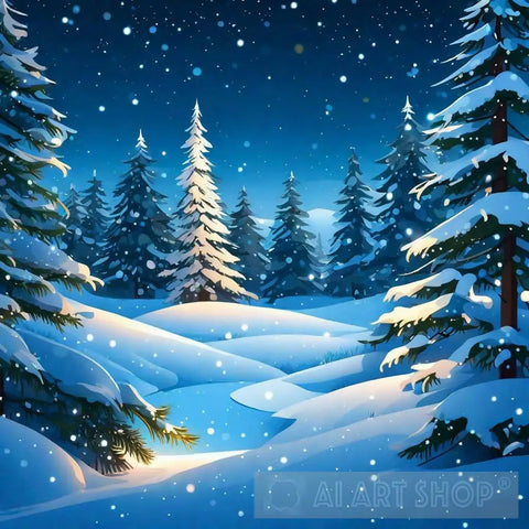 Snowy Night With Firs Coniferous Forest Light Garlands Falling Snow Landscape Ai Art