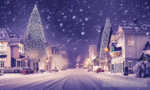 Snowy Town At Night Landscape Ai Art