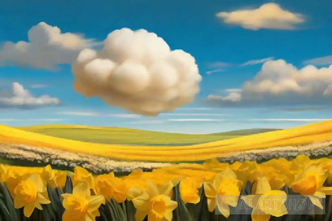 Solitude’s Serenade: A Cloud Above Golden Daffodils Nature Ai Art