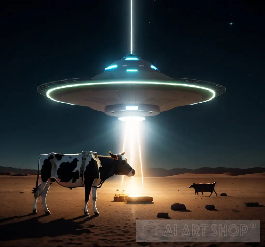 Spaceship abducting a cow at night in a middle of a dessert