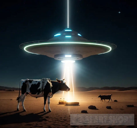 Spaceship Abducting A Cow At Night In Middle Of Dessert Abstract Ai Art