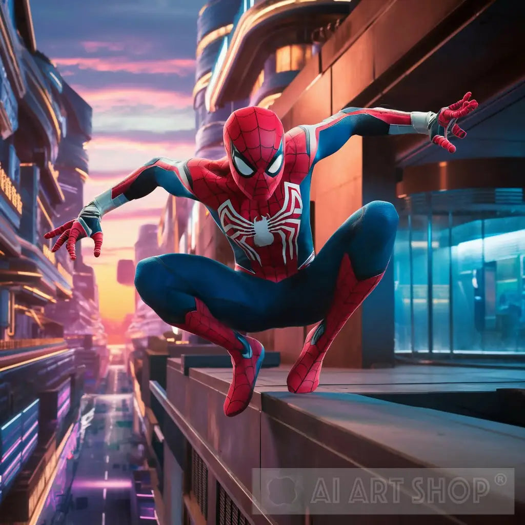 Spider-Man Swings Through a Bustling Cityscape at Dusk (3D Render)