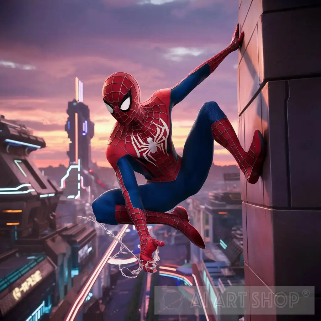 Spayder Man Rander Spider-Man Swings Through a Bustling Cityscape at Dusk (3D Render)