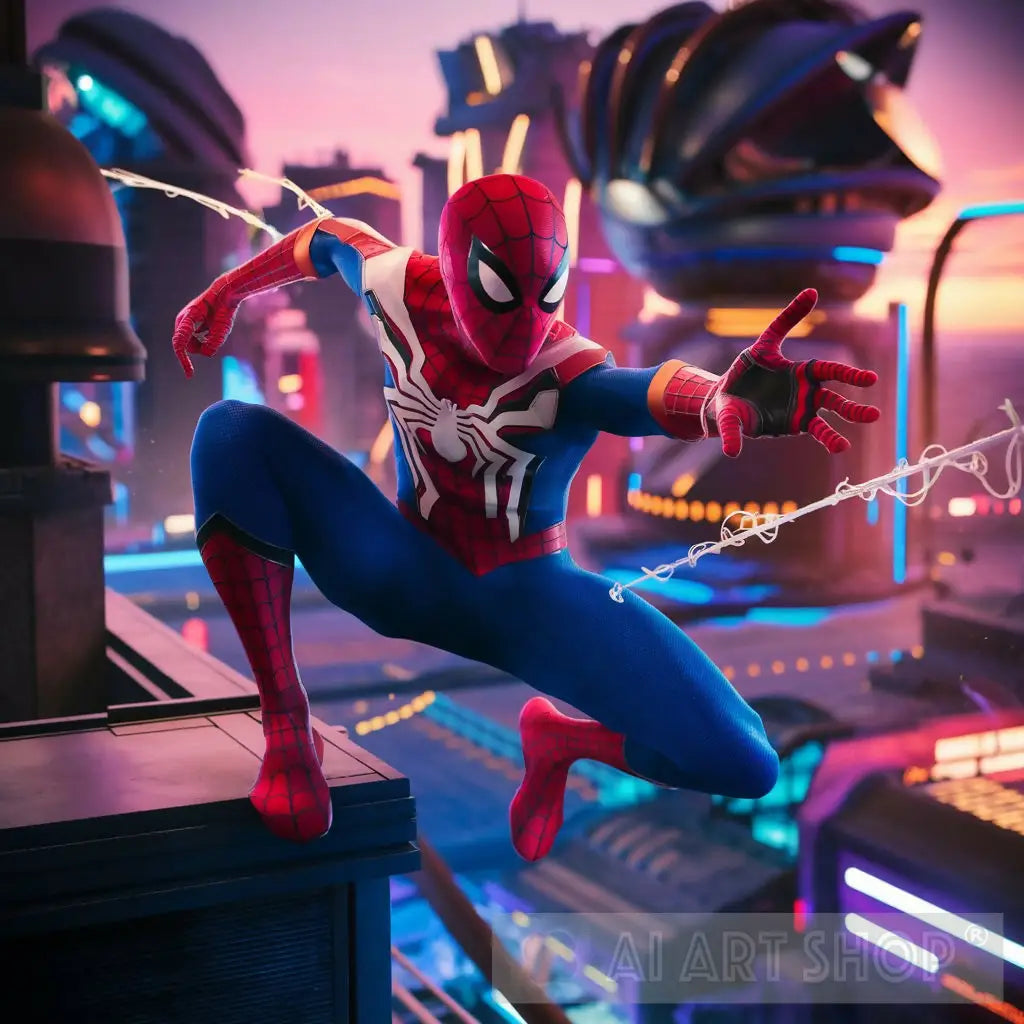 Spider-Man Swings Through a Bustling Cityscape at Dusk (3D Render)