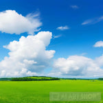 Spring Panoramic Landscape. Sky With Fluffy Clouds Over A Green Field Landscape Ai Art