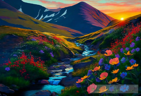 Steam Passing Through The Hills Surrounded By Wildflowers Landscape Ai Art