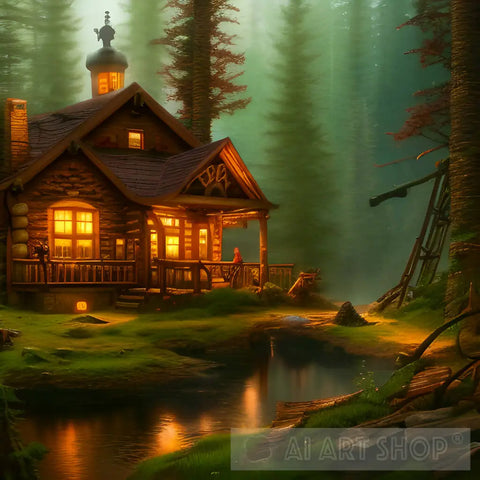 Steampunk Cabin In The Forest Landscape Ai Art