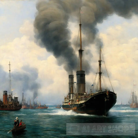 Steamships In French Harbor Ai Painting