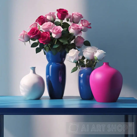 Still Life On Blue Table With Red Pink & White Roses Ai Art