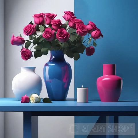 Still Life With Mulberry Pink Roses Ai Art