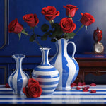 Still Life With Red Roses And Blue Striped Ceramics Ai Art