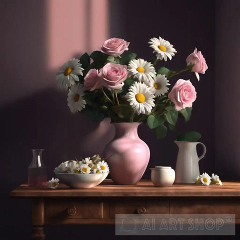 Still Life With White Daisies And Pink Roses Ai Art