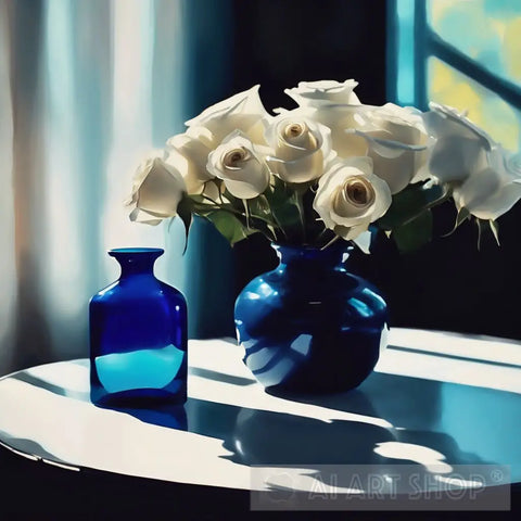 Still Life With White Roses And Blue Glass Decanter Ai Art