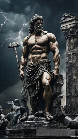 Stoicism Motivation Muscular Stoic Statues Dark Ancient City Background Chaos Thunderstorm Axe Still