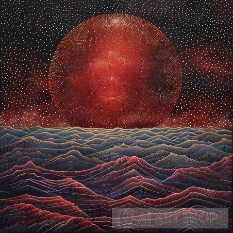 Stormy Sea Under Blood-Red Moon - Pointillism Art Impressionism Ai