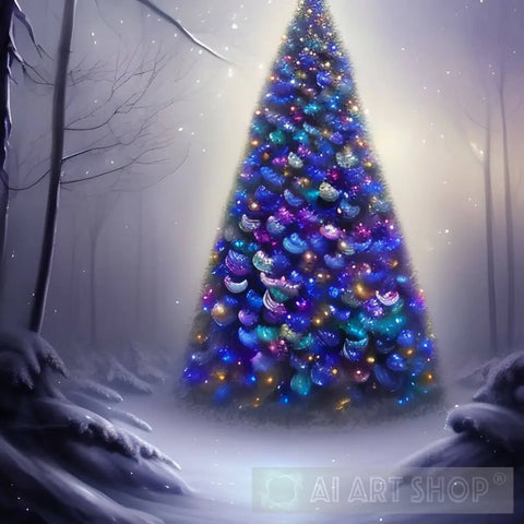 Stunning Winter Christmas Tree With Lights Landscape Ai Art