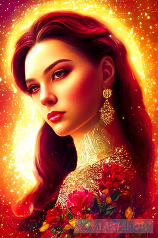 Stunning Woman With A Flower Dress And Background Glow Portrait Ai Art