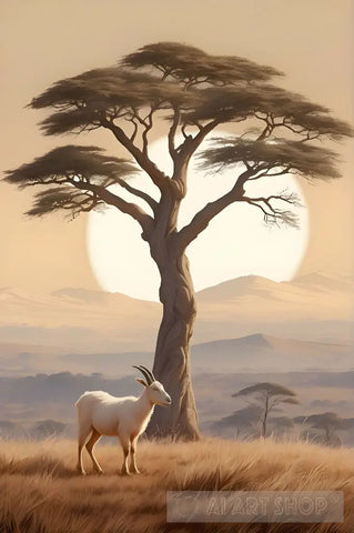 Sunny White Albiino African Acacia Tree And One Albino Goat Grazing On The Down Of In Open