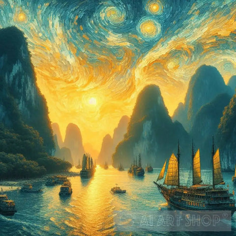 Sunrise Ha Long Bay With Van Gogh Style Ai Artwork