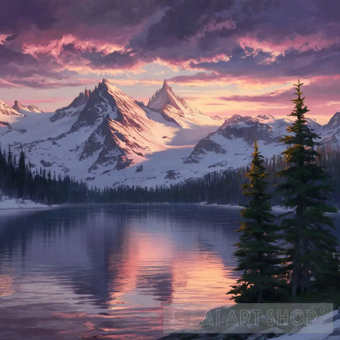 Sunrise Reflections: Majestic Peaks And Tranquil Waters Nature Ai Art