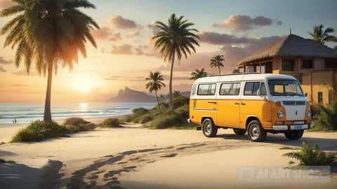 Sunset Beach Life With A Vintage Bus Ai Painting