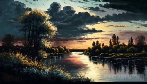 Sunset In The River With Beautiful Cloud Covering Landscape Ai Art
