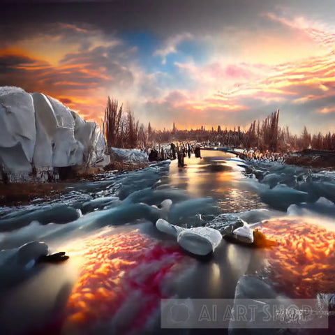 Sunset Over Frozen River Landscape Ai Art