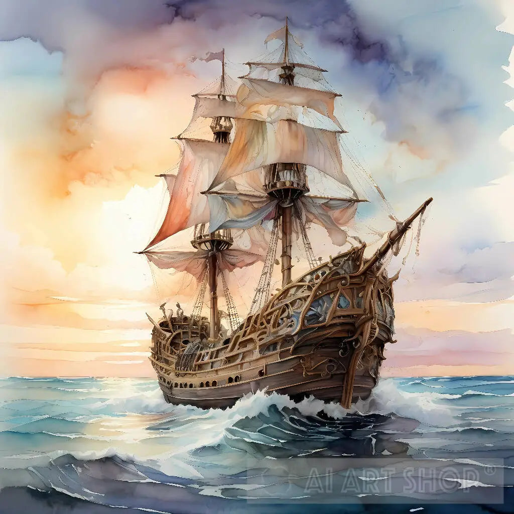 Sunset Pirate Ship Watercolour Painting