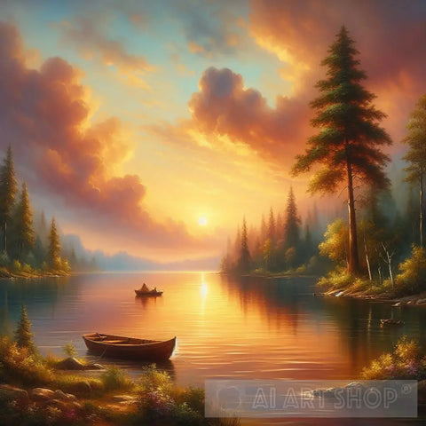 Sunset Serenity: Tranquil Lake Oil Masterpiece Ai Painting