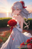 ’Sunset Serenity: Woman In White With Red Roses By The Sea’ Expressionism Ai Art