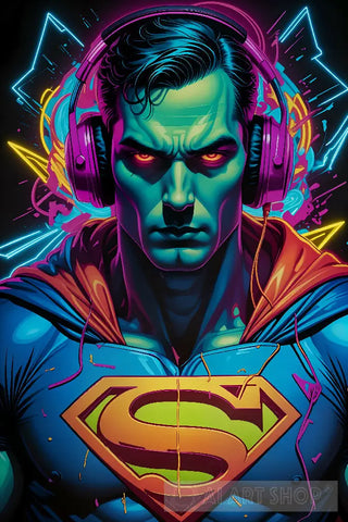 Superman Listens To Music In Headphones Love Neon Pop Art Graffiti Portrait Ai Art