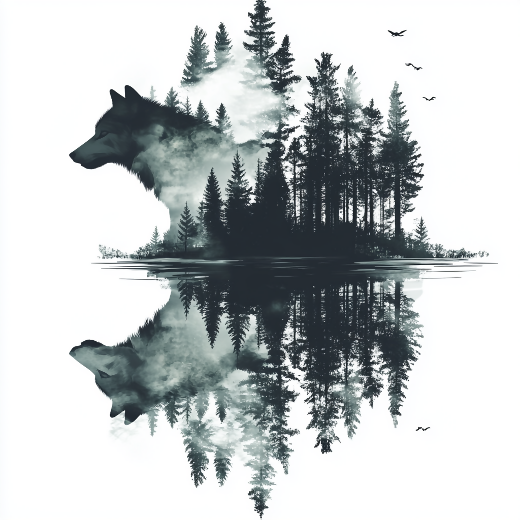 Wolf in the forest water reflection art