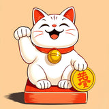 Joyful Waving Lucky Cat with Prosperity Coin - Cute Prosperity Illustration"