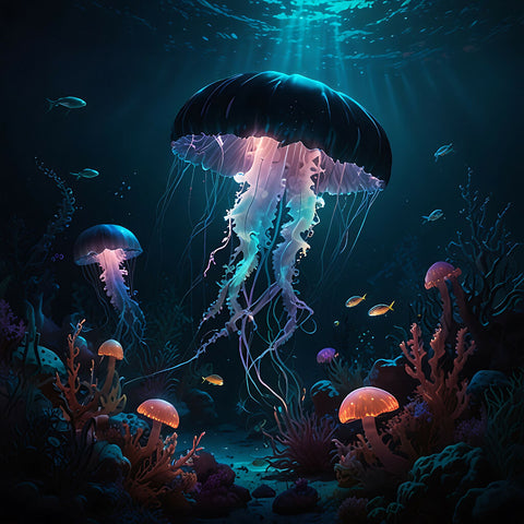 A mesmerizing underwater scene unfolds, illuminated by a celestial beam of light. In the foreground, a majestic jellyfish, its dome a deep, iridescent black, floats gracefully. Its tentacles, long and ethereal, trail behind it like a celestial gown. Below