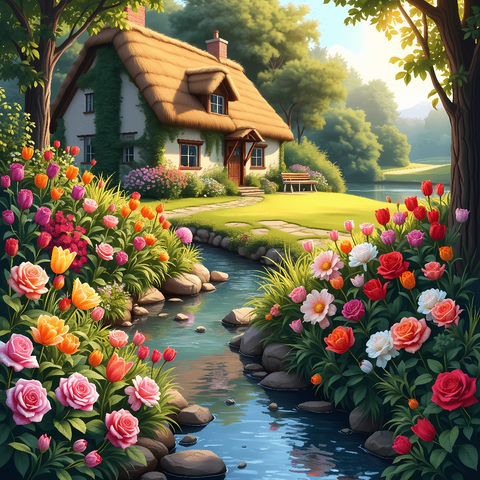 A fairytale cottage surrounded by a vibrant garden, featuring a stream and sunlit path, embodying cottagecore charm. Generative Al