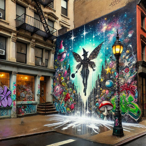 A magical street art scene in the bustling streets of New York with splashes of graffiti everywhere dripping in magic