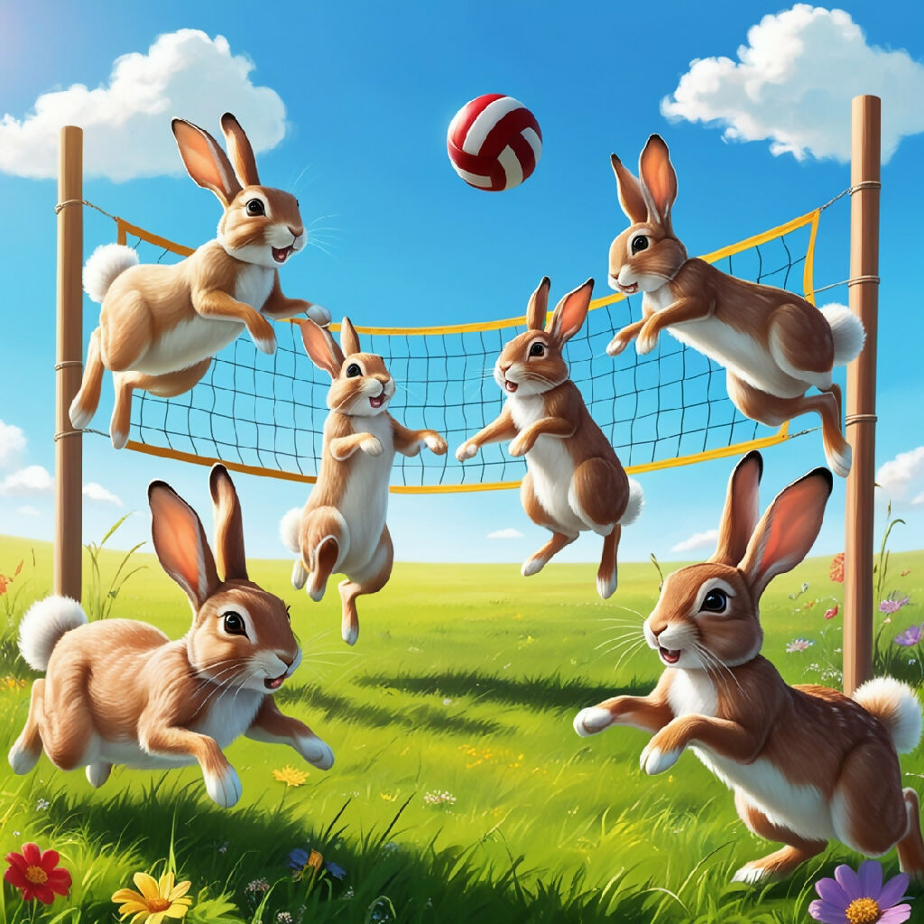 Rabbit In Action Joyful Rabbits Playing Volleyball: Whimsical Meadow Art