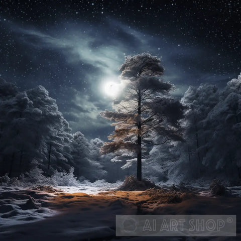 Tall Tree In The Middle Of A Forest With Snow On It Ai Painting