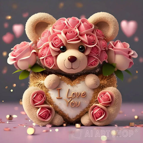 Teddy Bear With Roses And Heart Ai Artwork