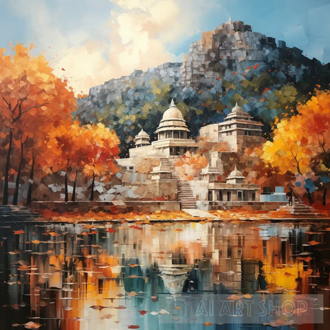 Temple During Autumn Impressionism Ai Art