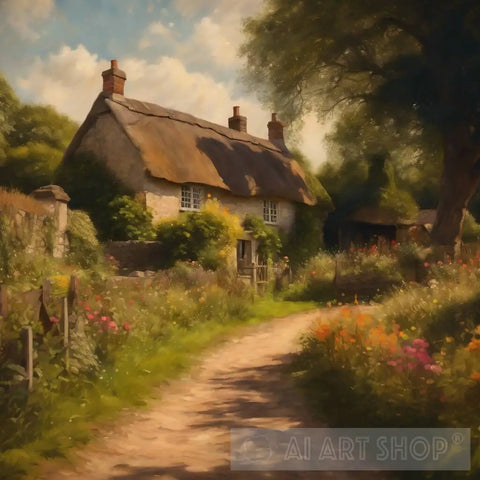 Thatched Country Cottage In Summer Ai Painting