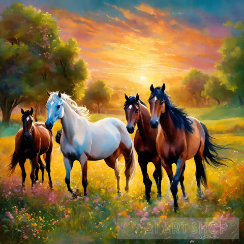 The Dance Of Authentic Horses In Green Spaces. Animal Ai Art