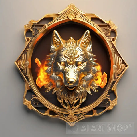 The Design Of The Wolf Logo Is Burning With Fire It Has A Golden Frame And Consists 3D Animal Ai Art