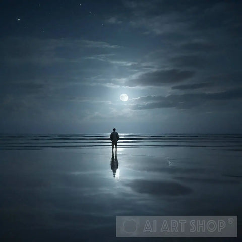 The Full Moon Hangs Low Over Ocean Ai Artwork