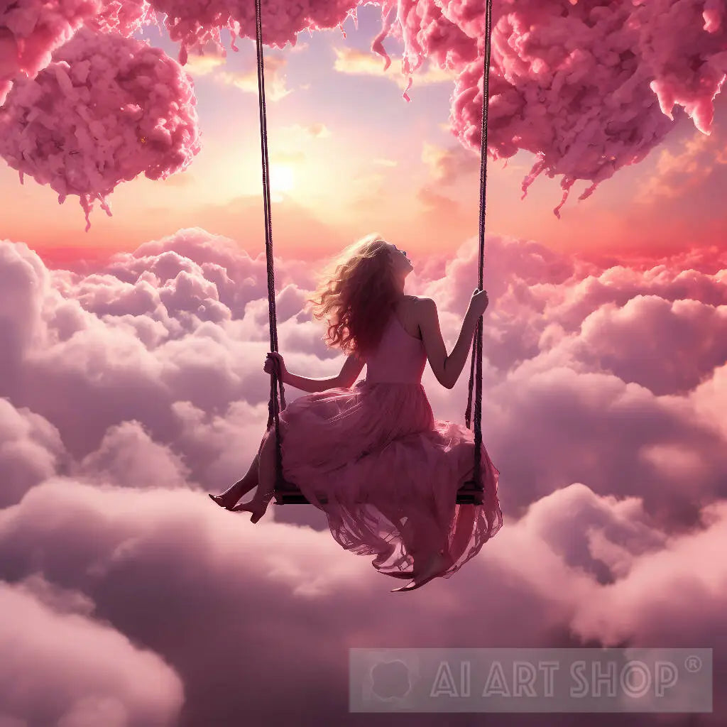 the girl on the swing in pink clouds