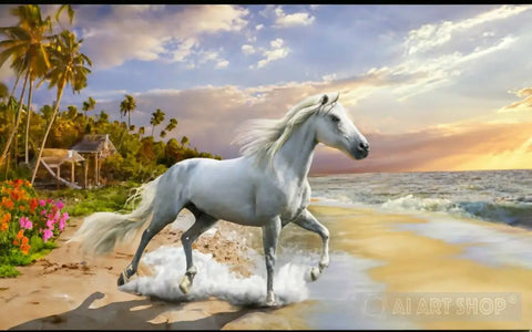 The Image Of A Moody Ocean Landscape With One White Wild Horse On The Beach 1 Animal Ai Art