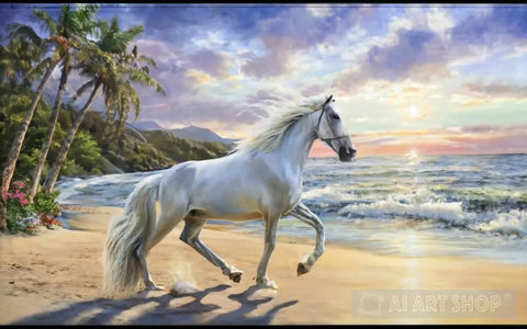 The Image Of A Moody Ocean Landscape With One White Wild Horse On The Beach 2 Animal Ai Art