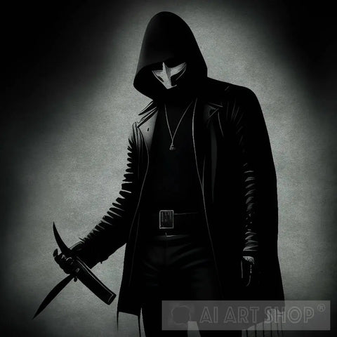 The Killer In A Mask And Black Jacket Holds Knife Portrait Ai Art